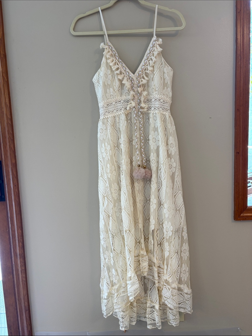 CUPSHE Ivory Crochet Lace High Low Maxi Dress Tassel Boho NWT M